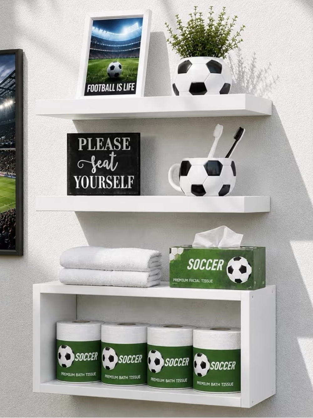 White bathroom shelves